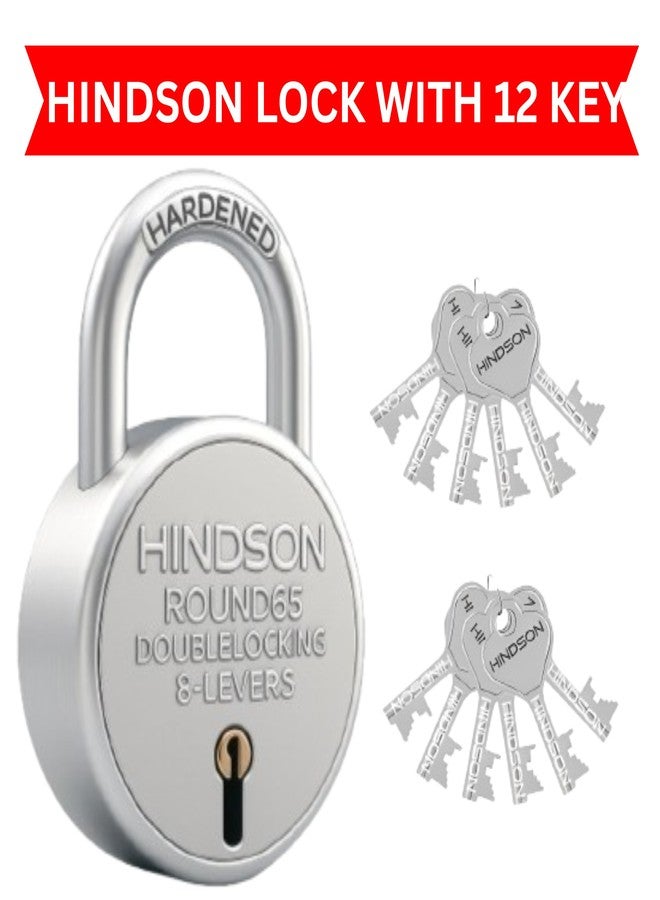 Hindson Same Key Round 65mm Padlock | 2 Heavy Duty Padlocks with 12 Common Keys | Strong Metal Body Locks with Double Locking & 8-Lever Mechanism for Home, Gate, Shutter & Shop Security - Image 4
